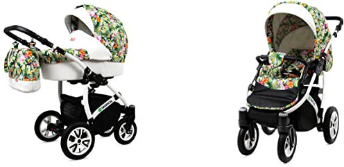 BabyLux Tropical 2-in-1 Bouncing Baby Stroller und Zubehör Kinderwagen Verstellbar und faltbar Aluminium Konstruktion Wasserdicht Nicht abnehmbare Räder Tropical Flowers