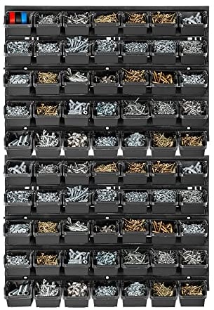 KADAX Werkstattwandregal, 58x78cm Lagersystem aus robustem Kunststoff, UV-Resistentes Werkstattregal, Erweiterbare Wandplatten, Schüttenregal für Garage (Schwarz, 70 TLG.)