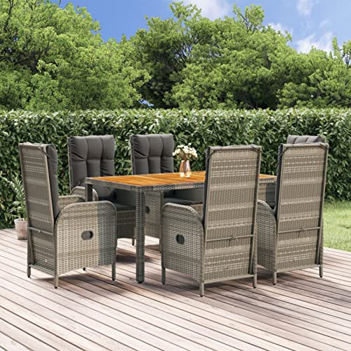 Tidyard 7-TLG. Garten Essgruppe 6 Personen, Sitzgruppe Garten, Esstisch mit Verstellbar Hochlehner Stühle, Lounge Gartenmöbel Set Poly Rattan Grau