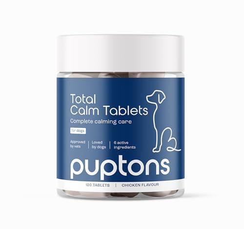 Puptons Total Calming Supplement for Dogs | (120 Tablets) Dog Anxiety & Separation Relief | Reduces Stress, Chewing, Aggression & Barking | L-Taurine, L-Theanine & Ginger Extract White