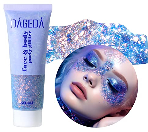 Prreal Körper-Glitter-Gel 50ml, Gesichts- und Körper-Sequin-Gel, Schimmer-Flüssiglidschatten, Chunky Glitter für Haare und Nägel, Holografisches Kosmetik-Laserpuder für Festival-Make-up #Blau Lila