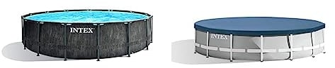 Intex Unisex – Erwachsene Premium Frame Pool Set Prism Greywood Ø 457 x 122 cm, Dunkelgraue Holzoptik & Round Pool Cover - Poolabdeckplane - Ø 457 cm - Für Metal und Prism Frame Pool, Blau