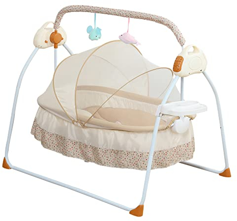 BAOCHADA Babywiege Babybett Automatischer Babyschaukelstuhl, 5 Gänge Babywiege mit Fernsteuerung&Timing Funktion, Baby Stubenwagen mit 12 Liedern und Bluetooth&USB Verbindungsfunktionen(Khaki)