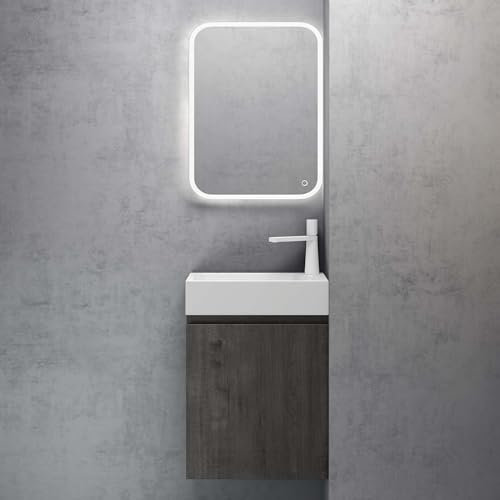 doporro Petit Meuble de Salle de Bain Suspendu 46cm Gris-Brun Ensemble de 3 Pièces Meuble avec Lavabo Solid Surface et LED Miroir Design Pisa02