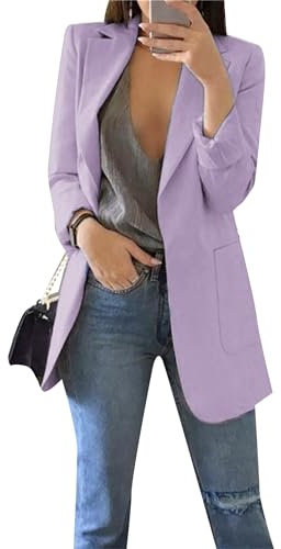 BOFETA Blazer Donna Autunno Casual Manica Lunga Aperto Davanti Lavoro Ufficio Colore Solido Risvolto Maglia Giacche Blazer Viola Chiaro L