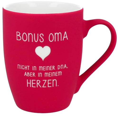 Spruchreif | Soft-Touch Tasse Rot Bonus Oma – Beidseitig gravierte Tasse mit liebevollem Spruch | Persönliches Geschenk für Bonus-Omas & Herzensmenschen | 350 ml