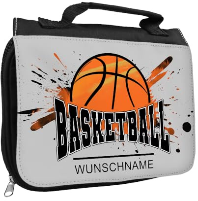Kulturbeutel mit Namen und Motiv mit Basketball | Kulturtasche mit Hobby personalisiert