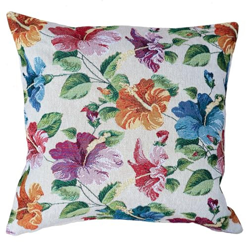 heimtexland Gobelin Dekokissen Blumen Deko Kissen Bezug mit Baumwolle Öko-tex Kissenbezug Landhaus Sofakissen Modern Garden Typ884 Kissenhülle 40x40 cm Hibiskus