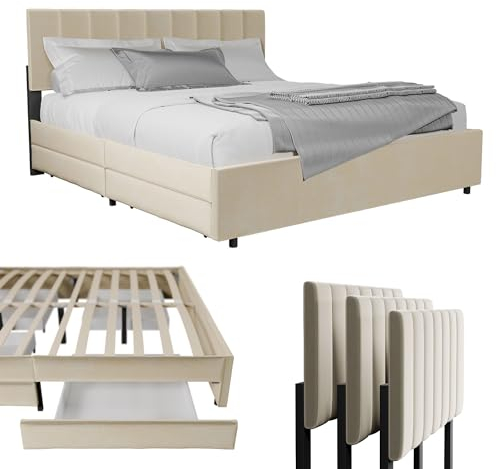 Juskys Samt Polsterbett Soria 180x200 cm mit Matratze, Lattenrost & Schubladen - modernes Bett - Kopfteil höhenverstellbar - Doppelbett Beige