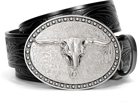 SANSTHS Western Cowboy Gürtel für Herren Damen, Western Leder Gürtel Bull Buckle Belt Geprägter Ledergürtel für Jeans, Schwarz/Lange Bullenschnalle