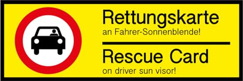 Hinterglasaufkleber Hinweis Kfz „Rettungskarte an Sonnenblende“ DE/EN Hinterglas Folie | Größe wählbar Made in Germany, Größen Name: 7,5x2,5 cm
