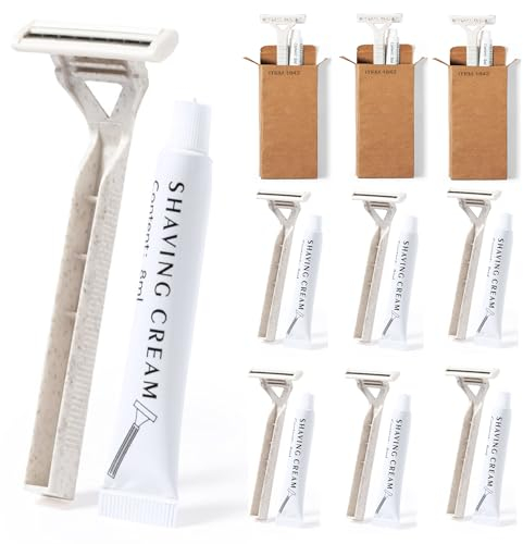 Lot de 10 rasoirs jetables durables en paille de blé avec crème à raser, rasoir à usage unique, deux lames dans un carton, pour hôtels, pensions, cabinets médicaux