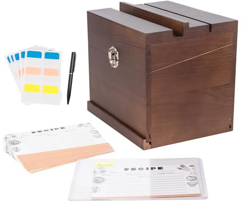 Rezeptbox aus Holz, Rezeptkarten-Organizer, 10,2 x 15,2 cm, Rezept-Aufbewahrungsbox-Set mit 25 Rezeptkarten, 30 Trenn-Etiketten, 1 transparente Kunststoff-Schutzhülle und 1 Stift, schönes Geschenk für