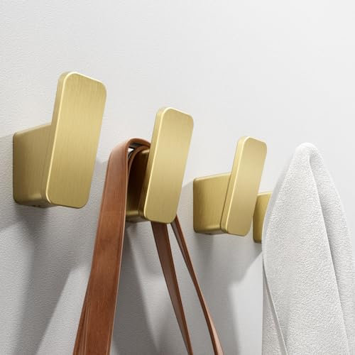 4-Pack Brushed Gold Towel Hook for Bathroom, Robe Coat Hook, Heavy Duty Wall Hooks for Hanging Bag Hat Mudroom Bedroom, No Drill Hanger with Glue or Mount with Screw, Holder Back of Door Outdoor
