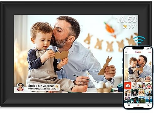Digitaler Bilderrahmen WLAN 10,1 Zoll Digitaler Bilderrahmen Bewegungssensor Auto-Rotation Eingebauter 32GB Speicher 1280x800 Touchscreen Teilen Sie Momente sofort über Frameo App