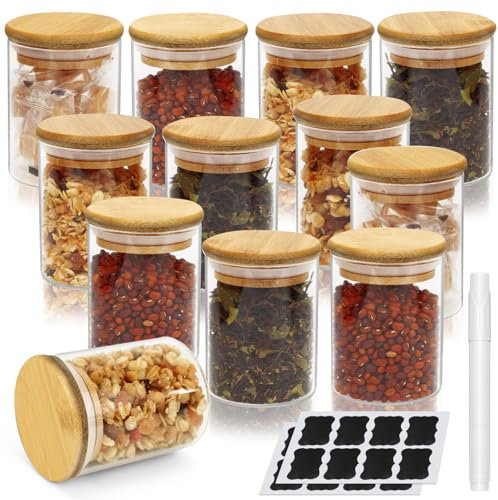 CACUINA 12PCS 220ML Spice Jars Premium Glass Bamboo with Lids and DIY Labels Seasoning Jars,Spice Pots, Spice Storage Jars Set Airtight For Kitchen Storage