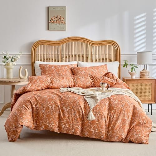 AMWAN Parure de lit 3 pièces en terre cuite pour grand lit, orange brûlé, 1 couette avec 2 taies d'oreiller, motif floral esthétique pour toutes les saisons