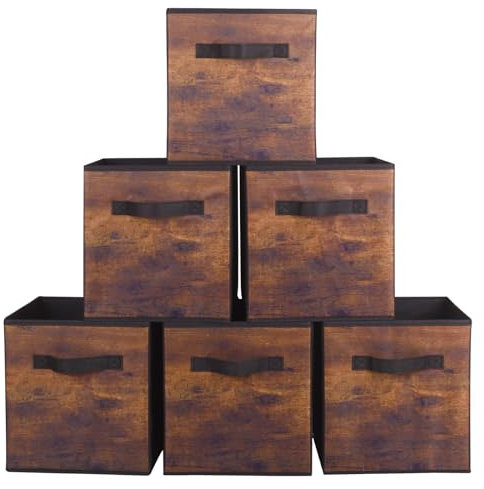 powerking Aufbewahrungsbehälter, faltbare Stoff-Aufbewahrungswürfel und Stoff-Aufbewahrungs-Organizer-Schublade für Schrank und Spielzeug Lagerung, 6-Pack (Retro Holz Muster)