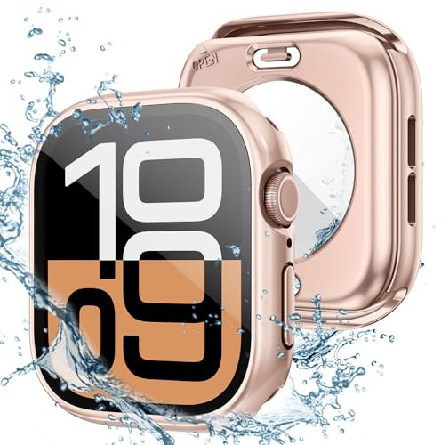 Kamita Wasserdicht Displayschutz Hülle Kompatibel mit Apple Watch Serie 11/Serie 10 42mm, Hart PC Bumper Case mit Hartglas Displayschutzfolie, Rundum Schutzhülle für iWatch11/iWatch10 42 (Roségold)