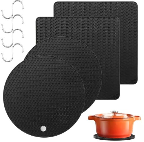 4 Pack Silicone Trivet Mats, 2 Squared+2 Round Silicone Heat Resistant Thicken Pot Holders, Non-Slip hot pan mat for Hot Pots Holder, Pads, Pans, Dishes, Spoon rest, Coasters (Black)