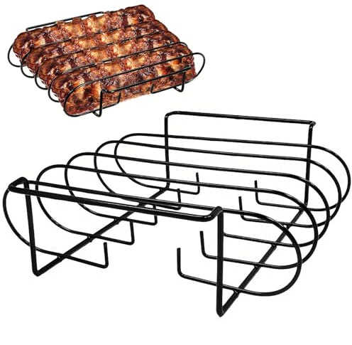 PIDUDU Stainless Steel Rib Rack,BBQ Grill Non-Stick Standing Holder,Holds Up to 4 Full Racks of Ribs for Gas Smoker or Charcoal Grill,Roasting Grilling Rack, BBQ Accessories (Black)