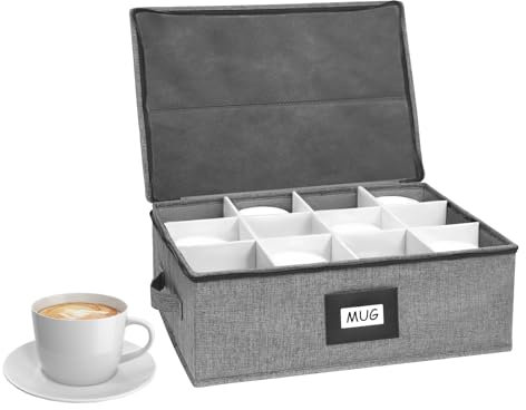 Cup and Mug Storage Box with Dividers – Stackable Hard Shell Organizer with Zipper Lid and Handles, Holds 12 Coffee Mugs or Tea Cups, Ideal for Moving and Packing(no glasses)
