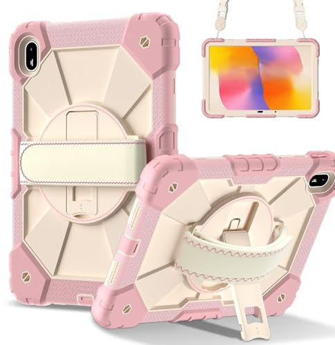 Funda para Huawei MatePad SE de 11 pulgadas 2024, funda protectora resistente con soporte para lápices, soporte giratorio de 360 grados, correa para el hombro (oro rosa)