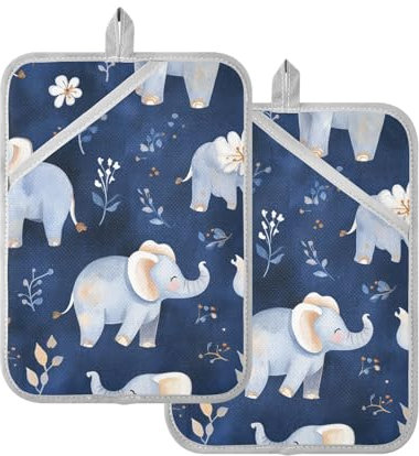Foiosoh Topflappen, hitzebeständig, Elefant, marineblau, Topflappen für Küche mit Taschen, Kochpads, Ofenhandschuhe, 2 Stück