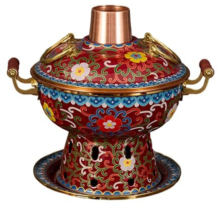 MagiDeal Cloisonne Mini Hotpot Home Use Cookware Buffet Restaurant Copper Sturdy Warming Parties Shabu Hot Pot Old Beijing Hot Pot, red