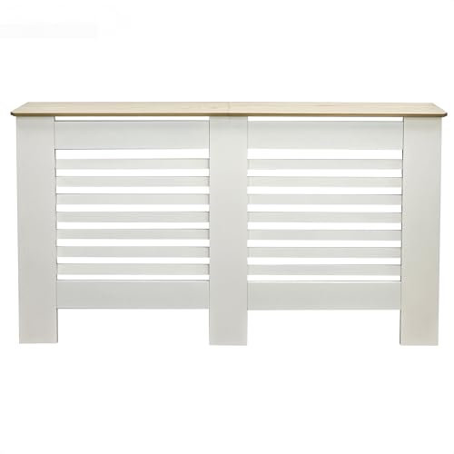 OHS Large Cream Radiator Cover with Oak Look Top, Stylish Slatted Design Frame Top Shelf Wooden Radiator Cover MDF for Living Room Bedroom Hallway
