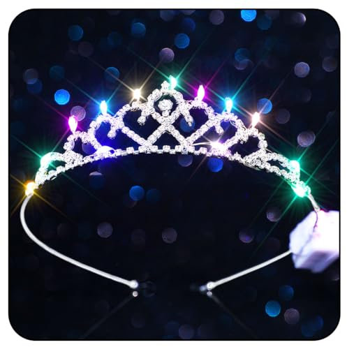 Handcess Leuchtende Diademe und Kronen mit Strasssteinen LED Silber kristall Prinzessinnen krone Stirnband Geburtstags kostüm Tiara Party Rave Haarschmuck für Frauen und Mädchen