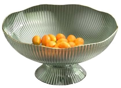 Elegant Fruit Bowl – Green & Clear Ribbed Serving Bowl with Gold Rim – Stylish Decorative Centrepiece for Dining Table, Kitchen, and Home Décor (Green)