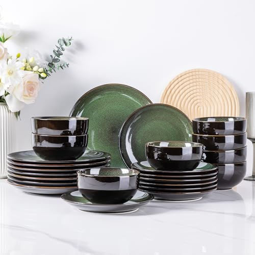 LeRatio Dinner Set for 6, 18 Piece Stoneware Plates and Bowls Set, Chip & Scratch Resistant Reactive Glazed Dinnerware Set, Dishwasher & Microwave Safe Crockery Set,Jade Green