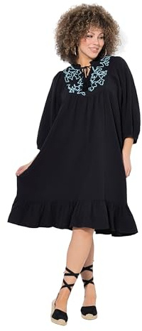 Ulla Popken Damen große Größen Übergrößen Plus Size Musselin-Kleid, Stickerei, Tunika-Ausschnitt, 3/4-Arm schwarz 54+ 838403100-54+