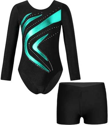 Sinleey Turnanzug Mädchen Langarm Glitzer Gymnastikanzug mit Hose Shorts 2-teiliges Gymnastikoutfit Wettkampf