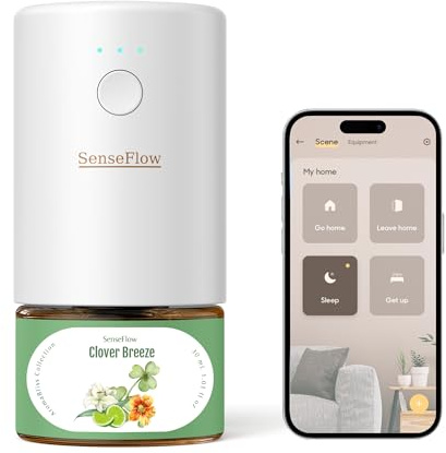 SenseFlow Essential Oil Diffuser Waterless Ultrasonic WiFi SF101S Pro - 100% Plant-Based, LED Light, Adjustable Modes, 100㎡ Covers, 120 Day Scent - Air Freshener & Aromatherapy - Brisa de Trébol