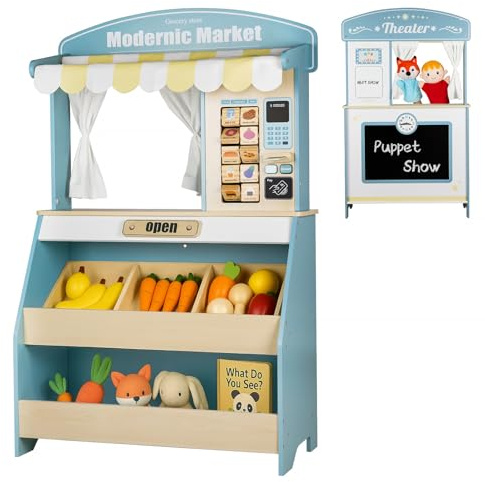 DREAM BUILDING Kids Grocery Store Pretend Play, Puppet Theater&Grocery Store Playset Toy Double-Sided, Toddler Supermarket Toy Cash Register w/Blackboard, Display Shelves, Gift for Boys Girls, Blue