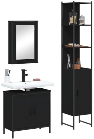 Runheo 3-TLG. Badmöbel-Set Schwarz, Holzwerkstoff, 42x12x60cm Spiegelschrank, Waschbeckenunterschrank, Hochschrank, Feuchtigkeitsbeständig, Modernes Badezimmerdesign