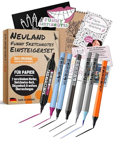 Neuland Funny Sketchnotes Einsteigerset I Handlettering Starter Set I Inkl. Skizzenbuch A5, Fineliner, Marker & Anleitung I Nachfüllbare Marker für kreative Lettering Ideen