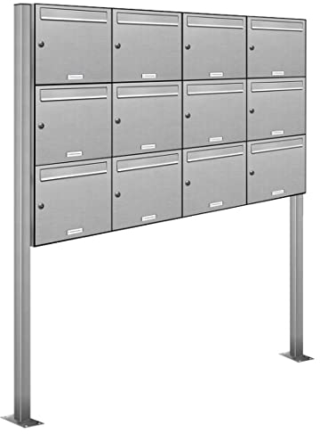 AL Briefkastensysteme 12er Edelstahl Standbriefkasten rostfrei als 12 Fach Briefkastenanlage DIN A4 in Postkasten Briefkasten Design modern