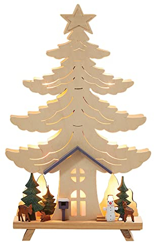 hellum Holzleuchter Haus im Wald Höhe 55cm 10 LED warmweiß LED Tannenbaum, Fensterdeko, mit Schneemann, Waldtieren, Holz, natur, Weihnachtsdeko, Tischdeko, 55x34cm,
