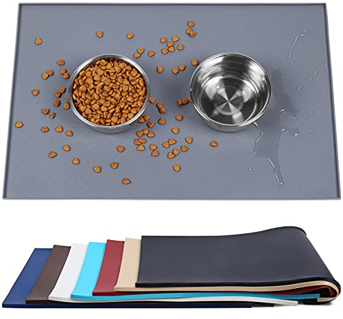 VIVAGLORY Dog Food Mat, Cat Dog Feeding Mat, Waterproof Non-Slip Food Grade Silicone Mat Placemat with Raised Edge, Anti-Messy Pet Bowl Mat for Food and Water, Grey, S(48x30cm)