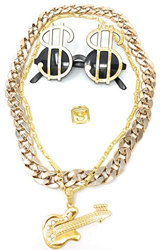 BABO Lude Macho Prolethen Hiphop Rapper Sets 4 bis 5 teilig Ketten Brille Ring (Dollarbrille-Gitarrenkette)