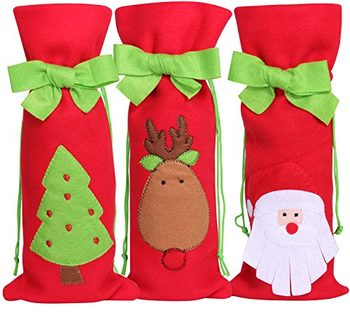 TRIXES 3er-Set Weihnachts Wein Geschenktaschen Festliche Geschenkbeutel aus grünem Filz mit weihnachtlichen Motiven Santa Weihnachtsbaum und Rentier