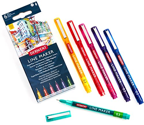 Derwent Colour Line Maker Stifte, Set mit 6 Stück, Fineliner, verschiedene Spitzenstärken, schnell trocknende Tinte, zum Skizzieren, Schreiben, Illustrieren und Kolorieren, 2305576