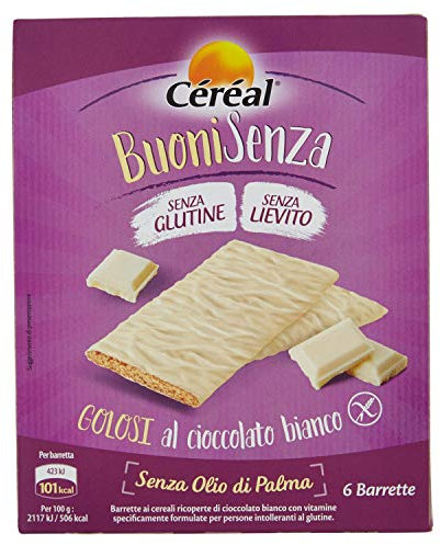 Céréal Buoni Senza, Golosi al Cioccolato Bianco, Snack senza Glutine, Biscotti Ricoperti di Cioccolato senza Lievito, 101 calorie per barretta, 120 gr, 6 barrette