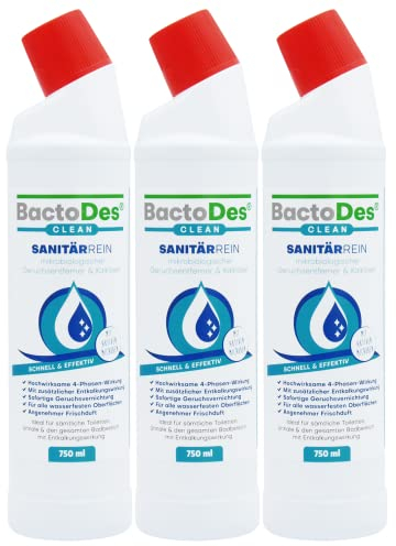 BactoDes SanitärRein Reiniger 3 x 750ml I 2in1 Reinigung & Geruchsentfernung mit Mikroorganismen I Porentiefe Kalk- & Urinrückstandsbeseitigung mit gelartiger Konsistenz I Pur oder verdünnt anwendbar