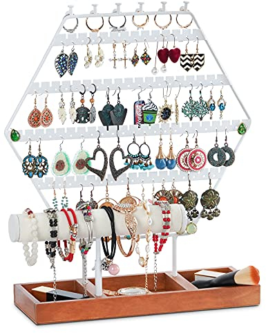 QILICZ Schmuckständer Ohrringhalter Ohrringständer Schmuckhalter - Sechseck Ohrring Organizer mit Ring und Ketten Schmuckregal, T Form Armbandständer und Holz Sockel Schmuckaufbewahrung Weiß
