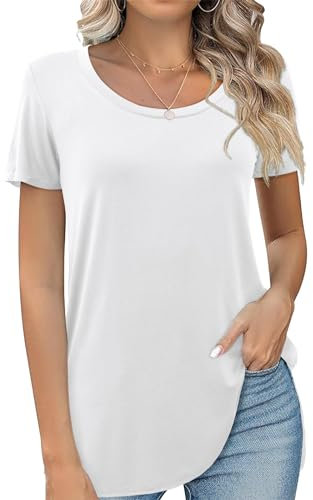 Beluring Damen Tshirt Rundhals Longshirt Kurzarm Oberteile Einfarbig Shirt Weiß S