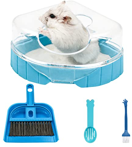 Episkey Hamster Sand Bathroom Set, Gerbil Sand Bath Syrian Hamster Toilet Small Animal Bathtub with Sand Shovel and Mini Broom Set for Gerbil Dwarf Hamster and Small Rodent (Blue)